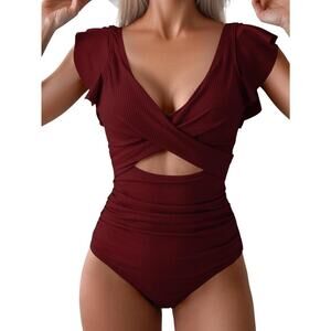 B2prity One Piece Swimsuit Ruffle Cutout Bathing Suits Slimming Tummy Women's L